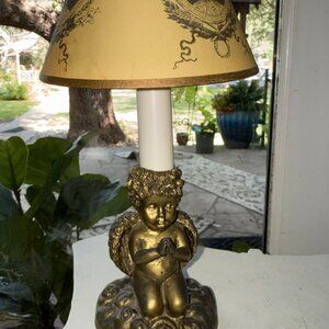 CBK Gold Resin Cherub Angel Kneeling Praying CandleStick Lamp, shade Shabby Chic